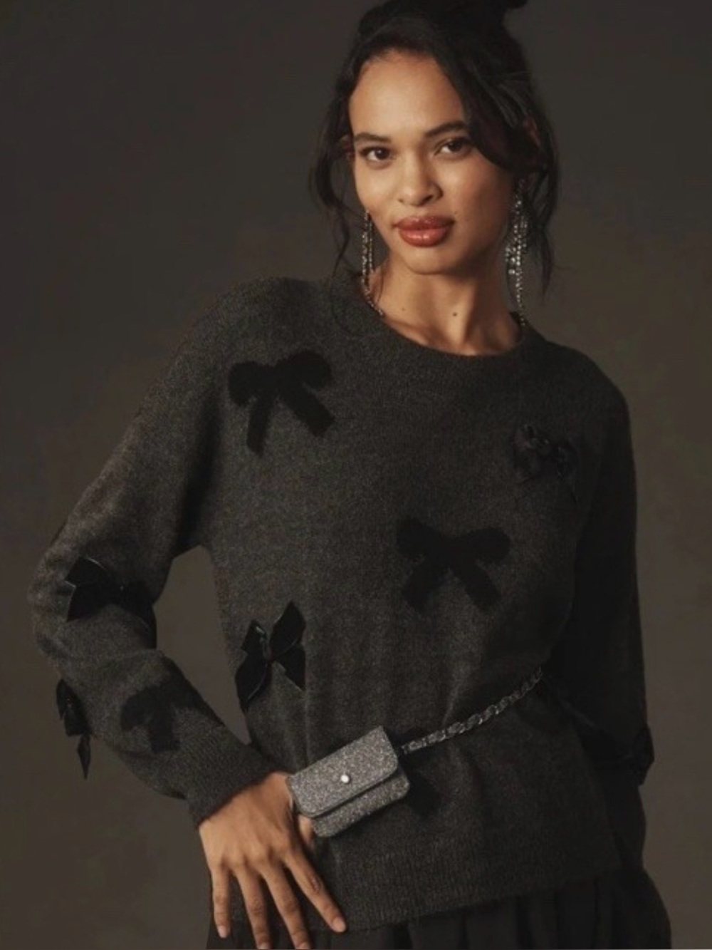 ANTHROPOLOGIE MAEVE 3D Velvet Bow Gray Sweater Oversized Small